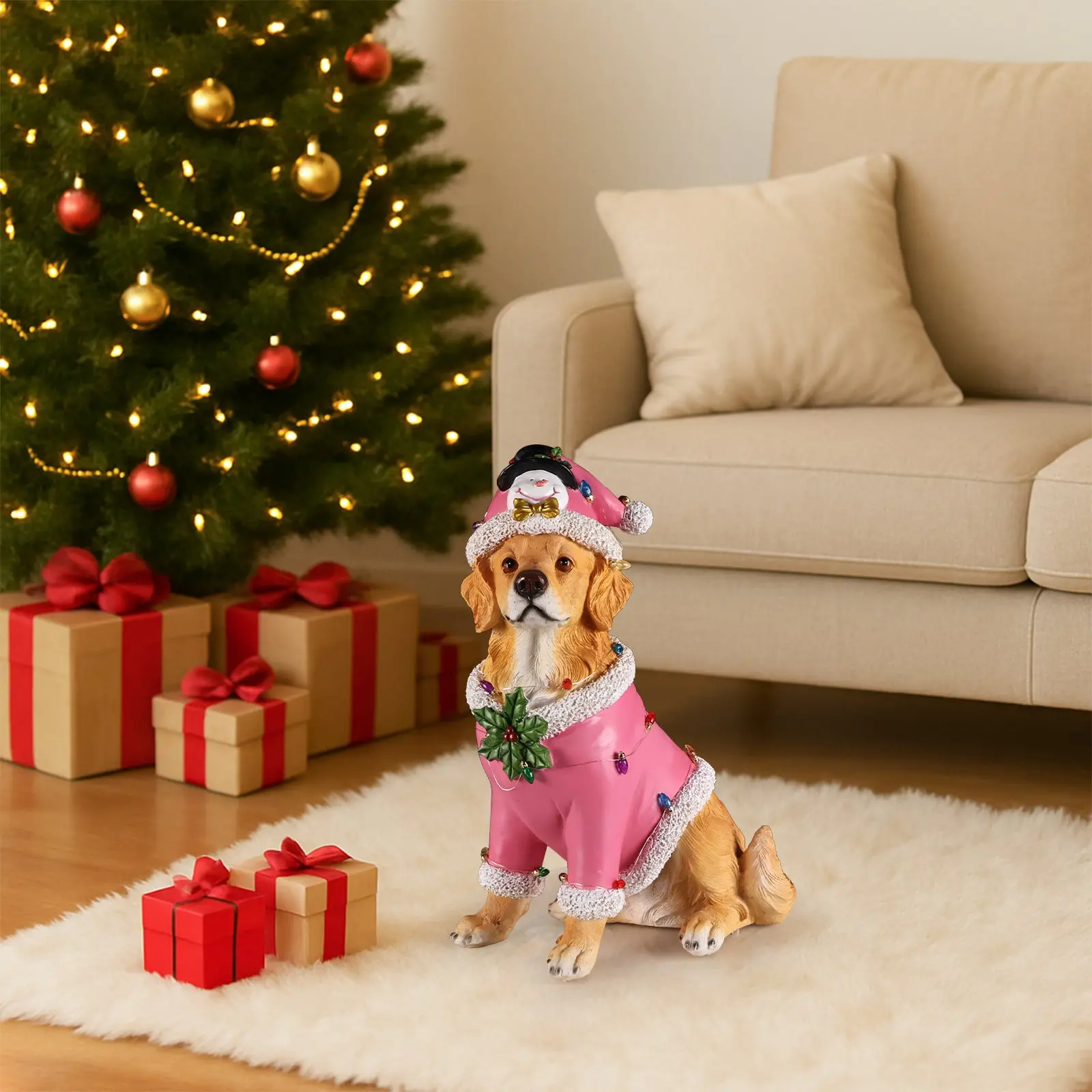 Christmas Golden Retriever Figurine in Pink Santa Outfit, 19.7 in - Image 6