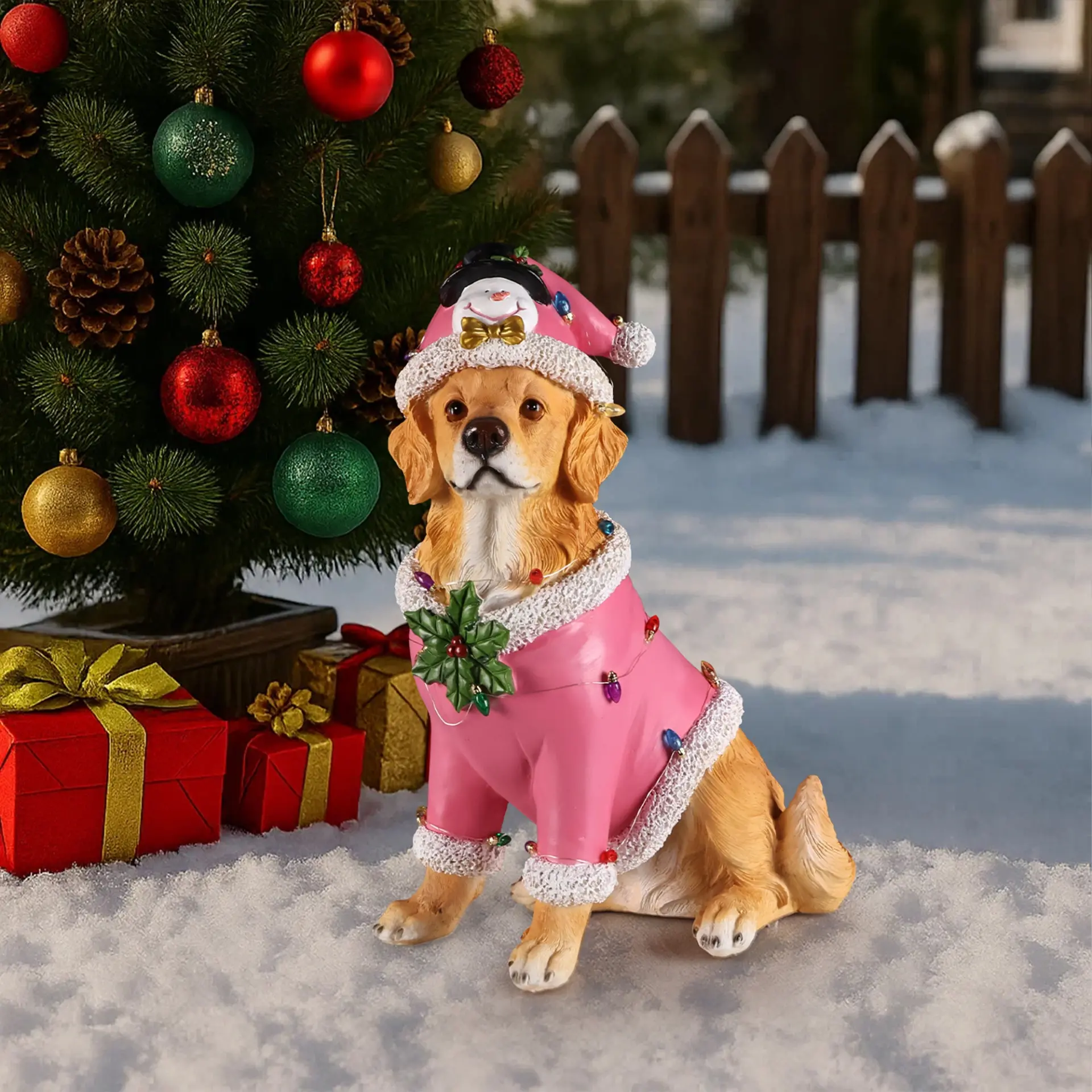 Christmas Golden Retriever Figurine in Pink Santa Outfit, 19.7 in - Image 8