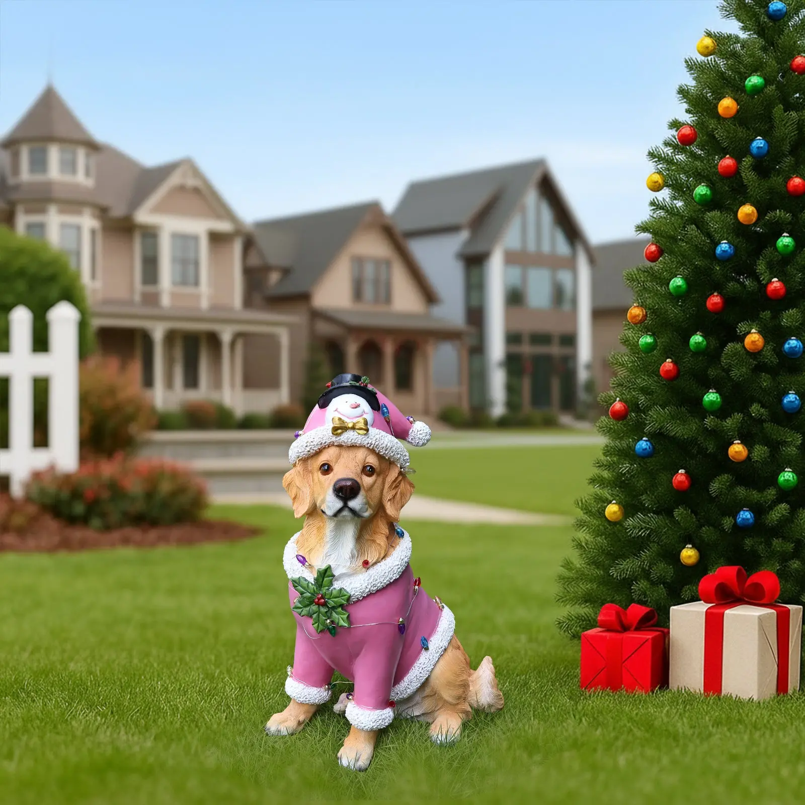 Christmas Golden Retriever Figurine in Pink Santa Outfit, 19.7 in - Image 9