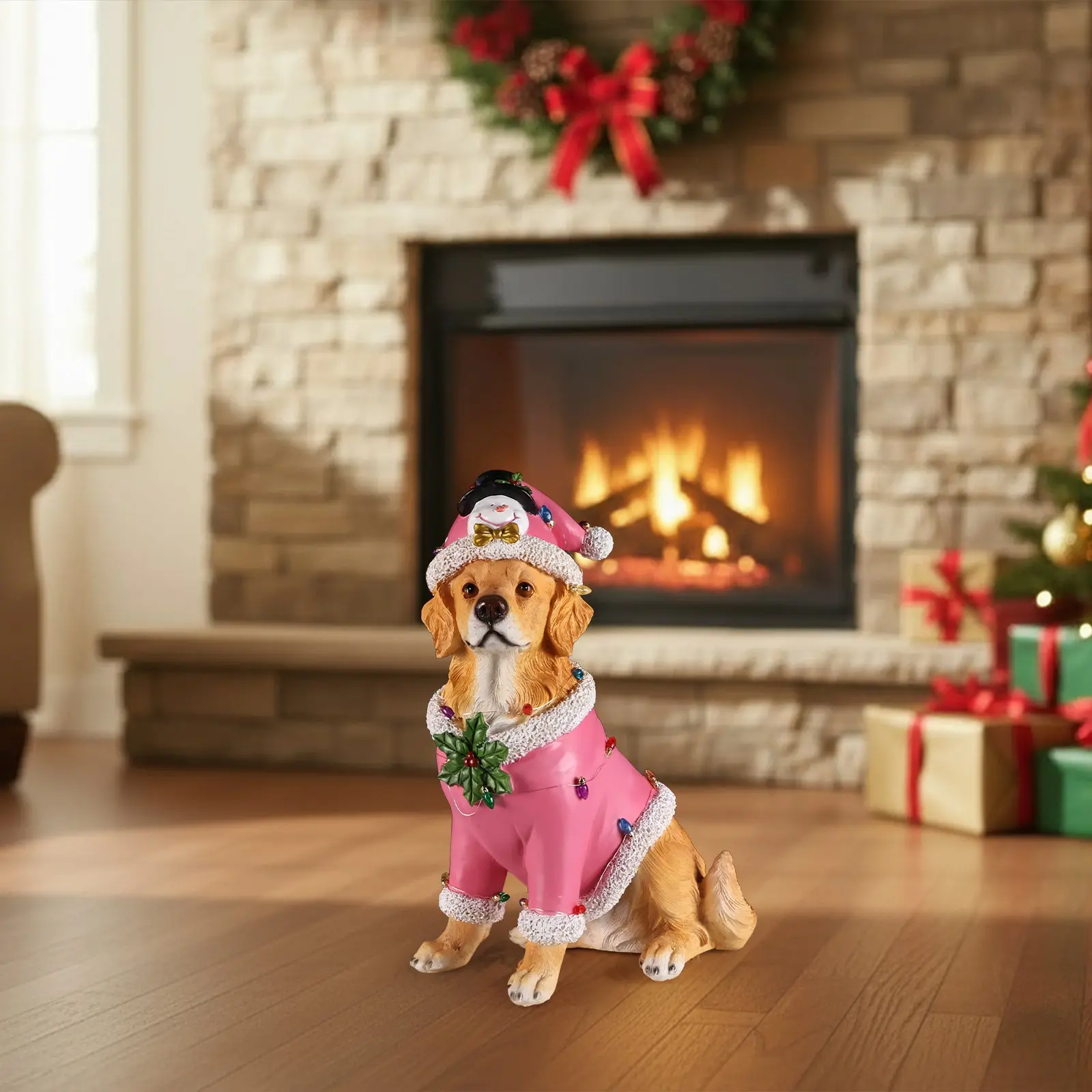 Christmas Golden Retriever Figurine in Pink Santa Outfit, 19.7 in - Image 11