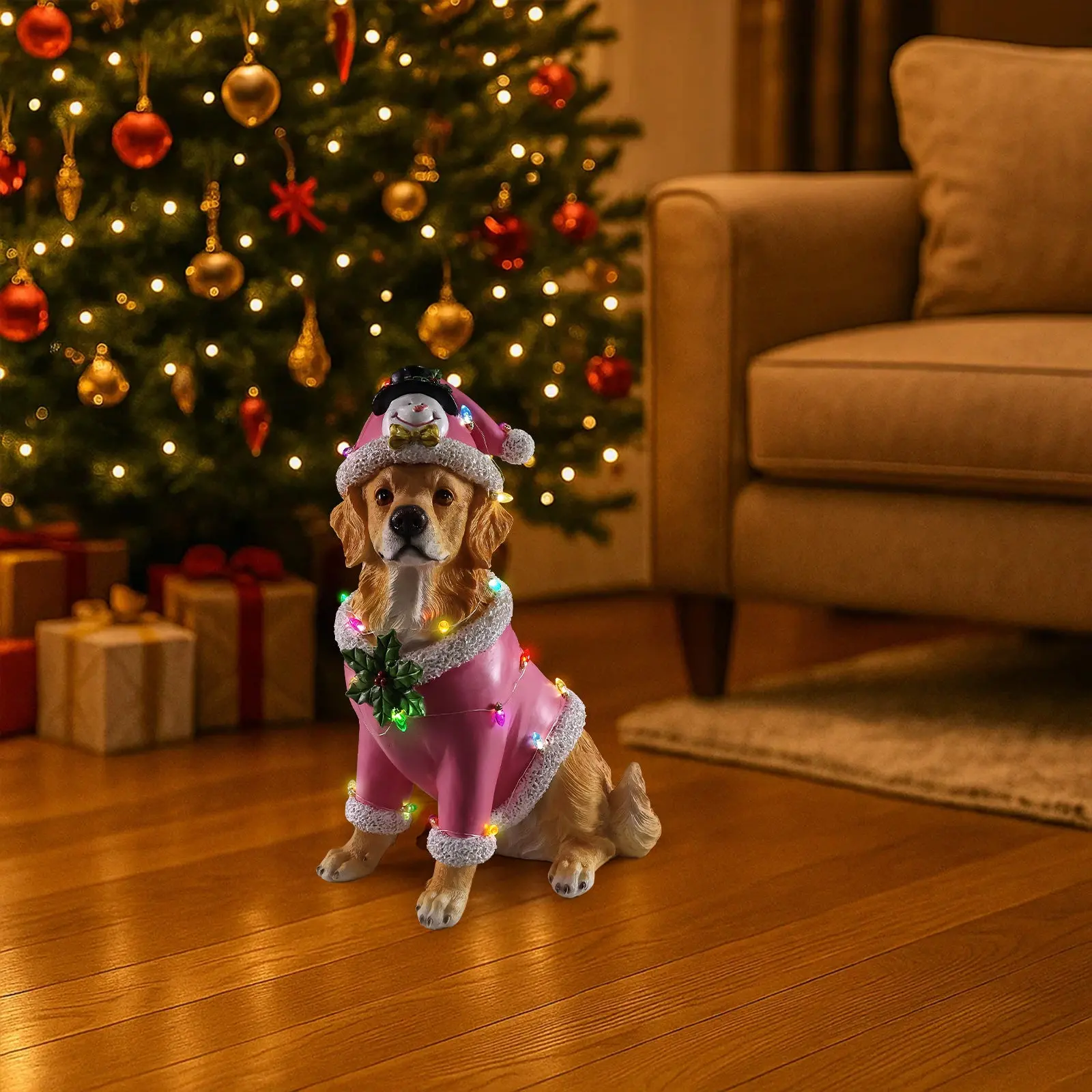 Christmas Golden Retriever Figurine in Pink Santa Outfit, 19.7 in - Image 12