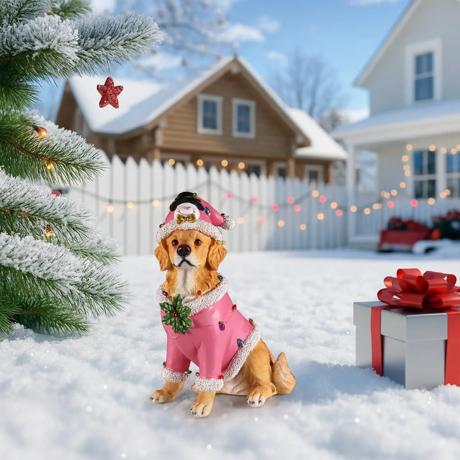 Christmas Golden Retriever Figurine in Pink Santa Outfit, 19.7 in - Image 13