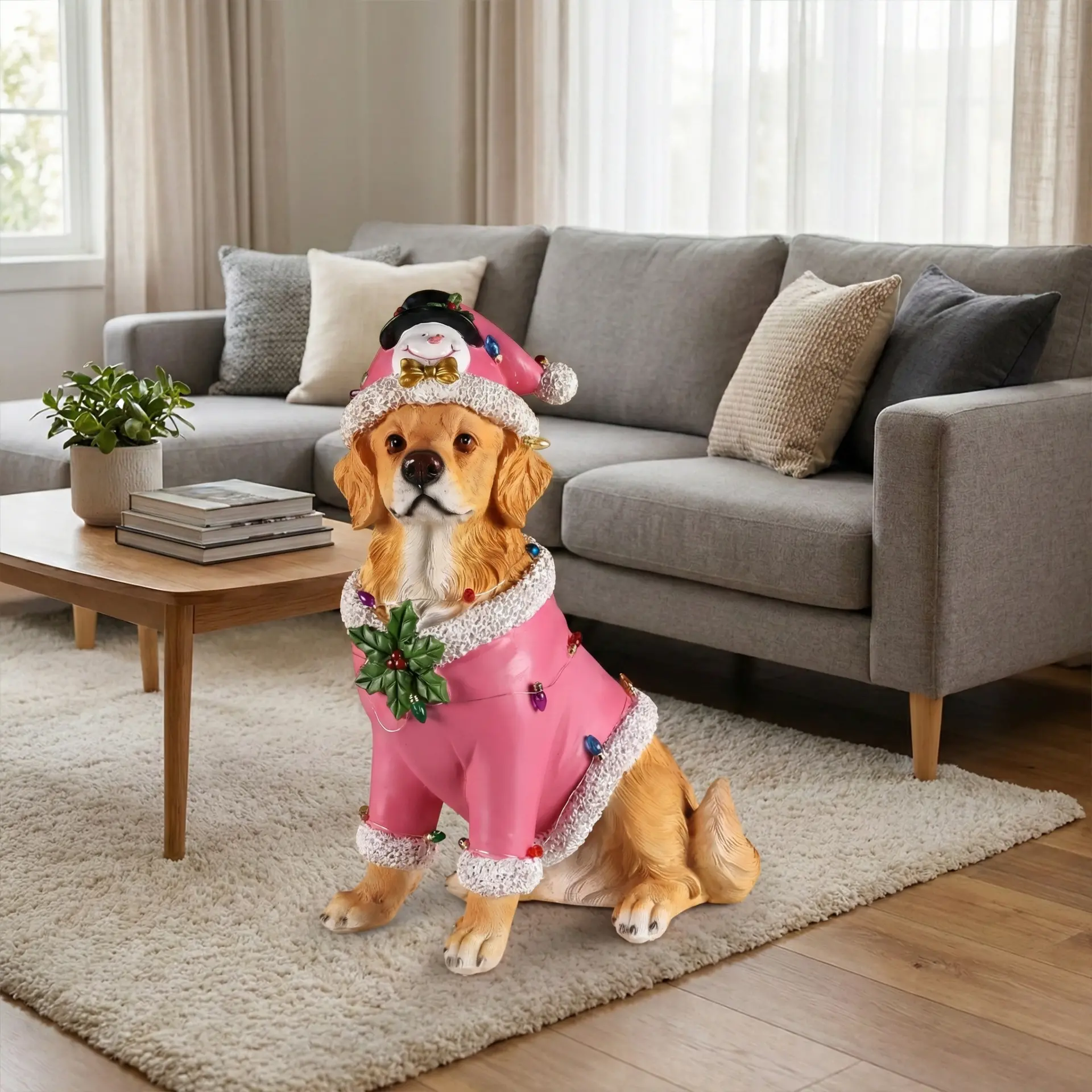 Christmas Golden Retriever Figurine in Pink Santa Outfit, 19.7 in - Image 15