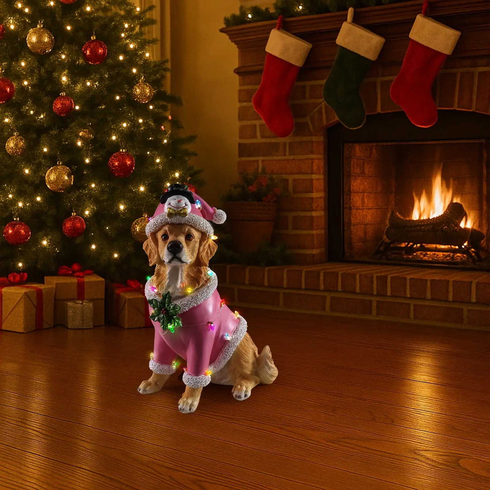 Christmas Golden Retriever Figurine in Pink Santa Outfit, 19.7 in - Image 16