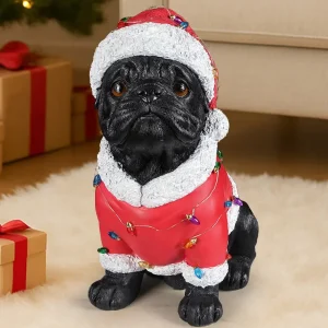Christmas Pug Figurine in Classic Santa Outfit with Holiday Lights, 16.7 in