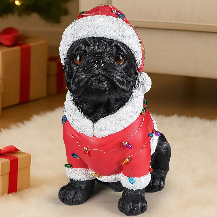 Christmas Pug Figurine in Classic Santa Outfit with Holiday Lights, 16.7 in