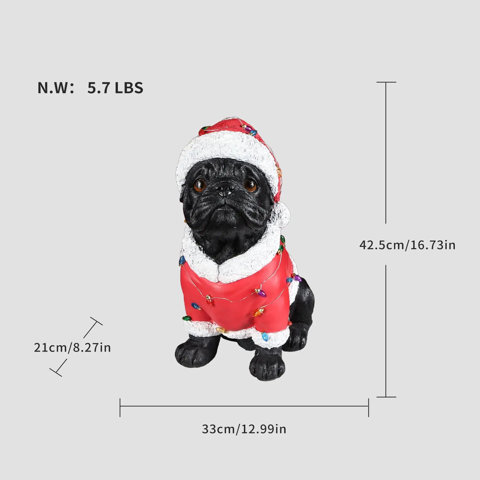 Christmas Pug Figurine in Classic Santa Outfit with Holiday Lights, 16.7 in - Image 2