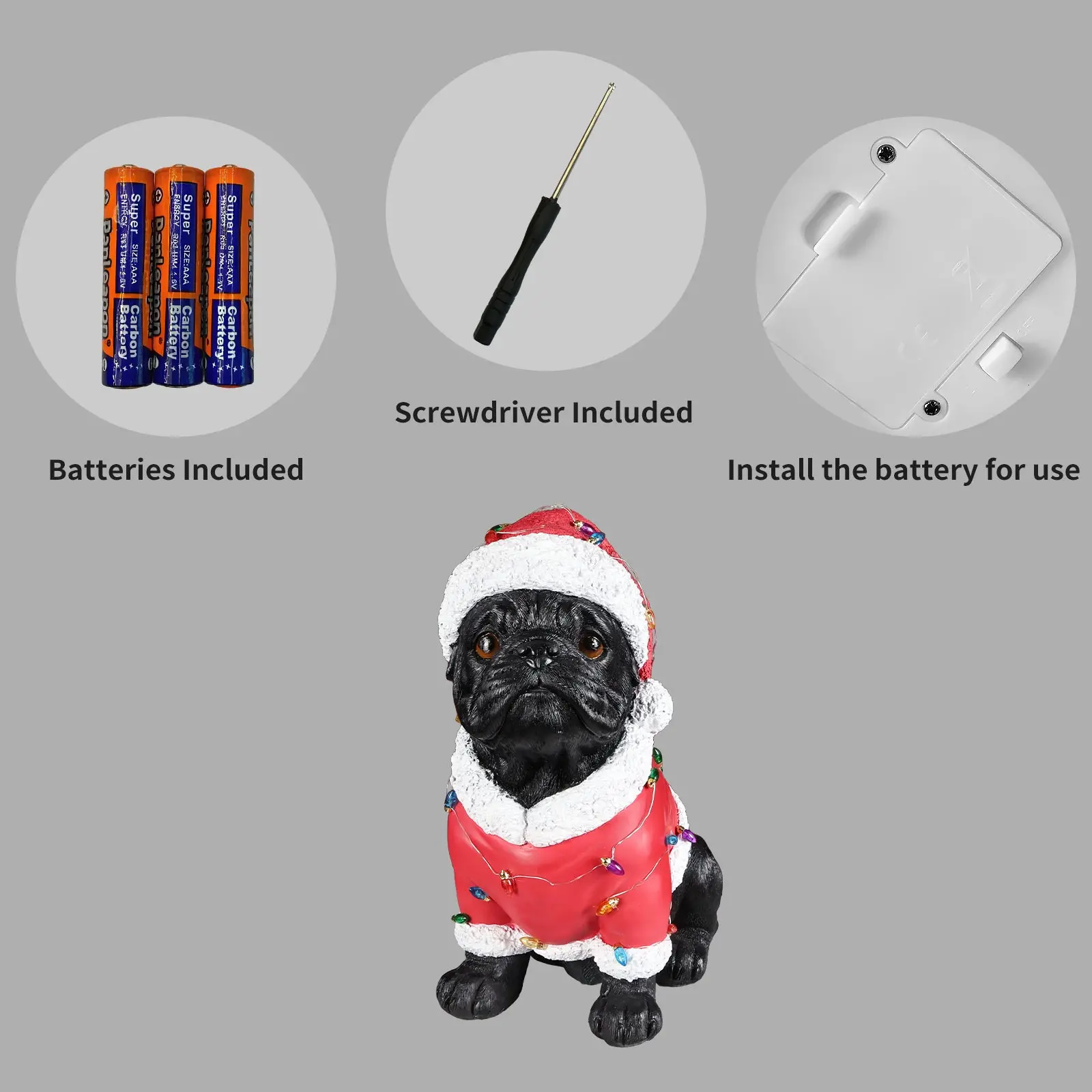 Christmas Pug Figurine in Classic Santa Outfit with Holiday Lights, 16.7 in - Image 3