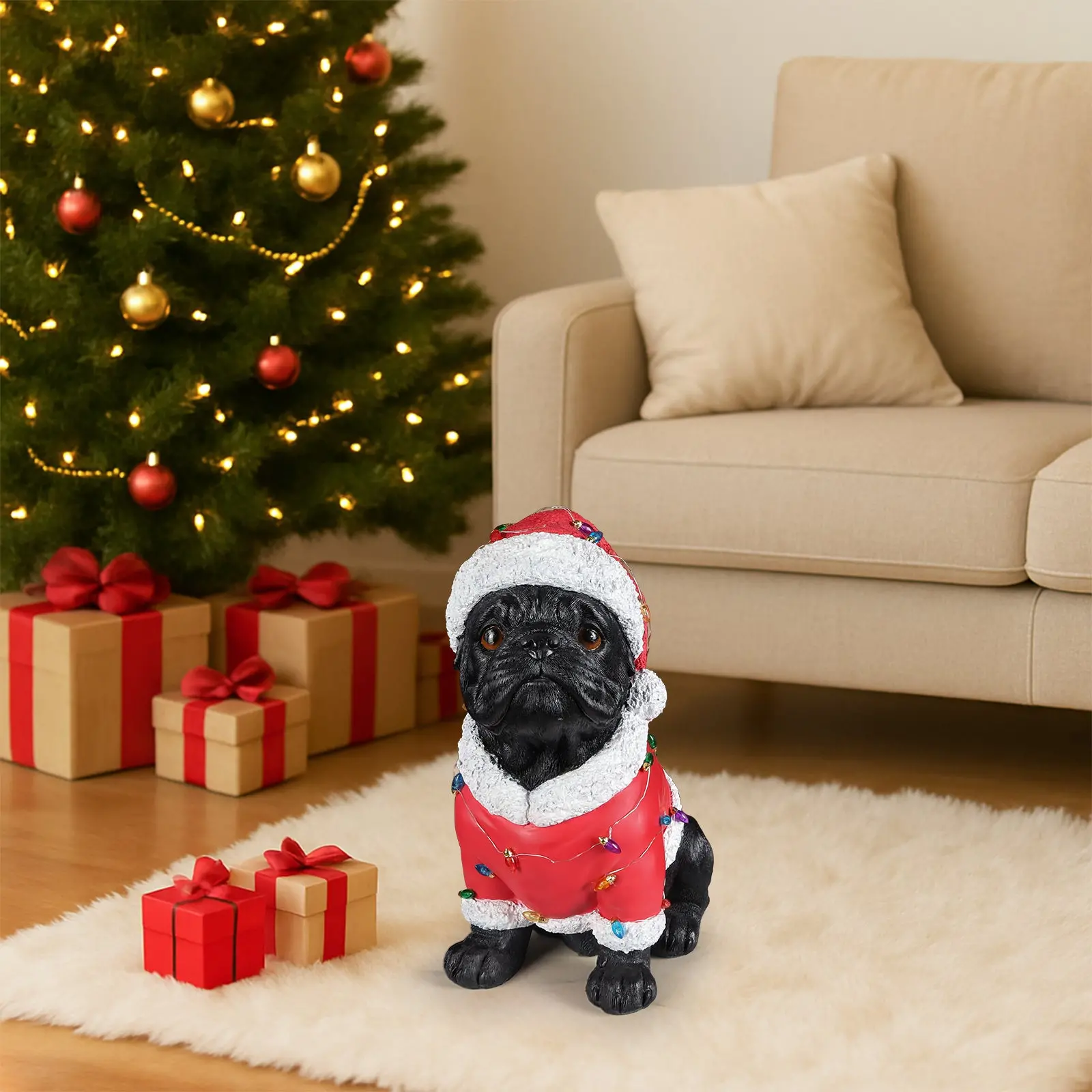 Christmas Pug Figurine in Classic Santa Outfit with Holiday Lights, 16.7 in - Image 6
