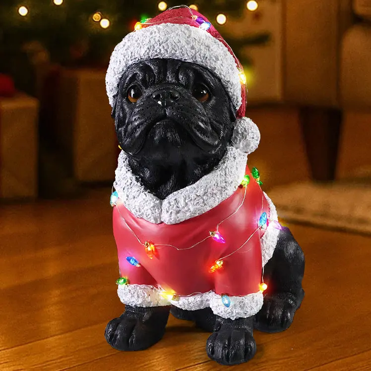 Christmas Pug Figurine in Classic Santa Outfit with Holiday Lights, 16.7 in - Image 7
