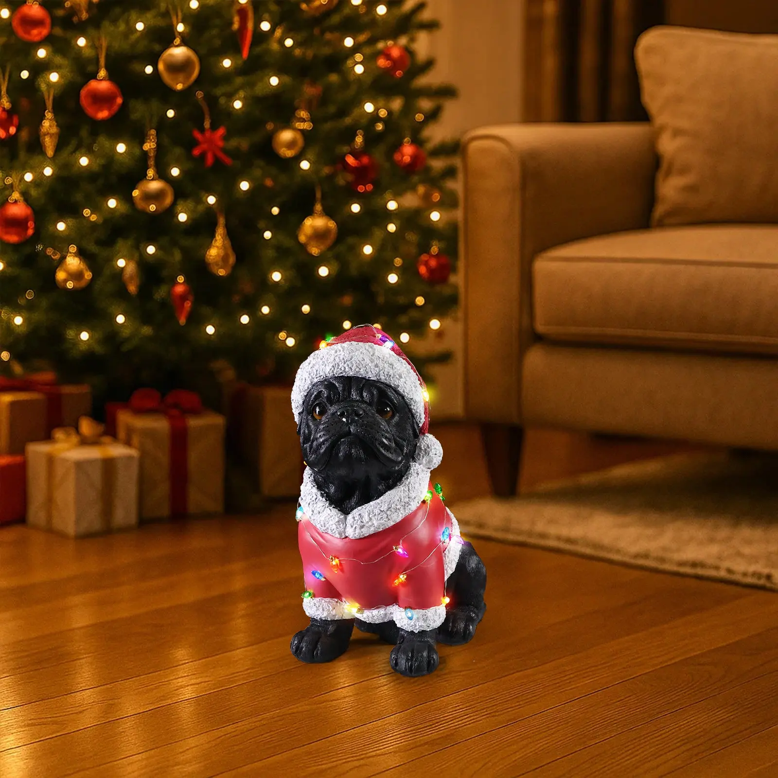 Christmas Pug Figurine in Classic Santa Outfit with Holiday Lights, 16.7 in - Image 8
