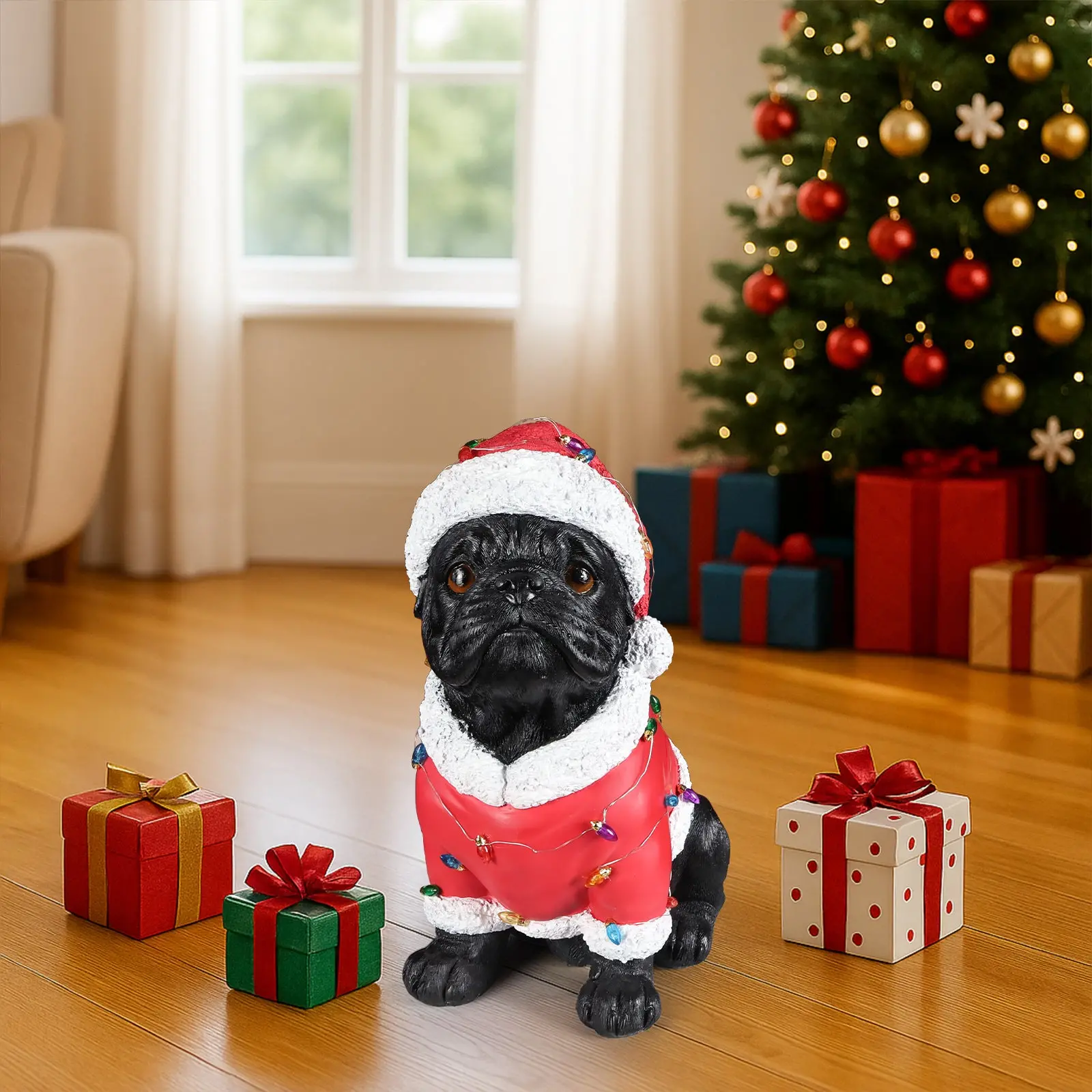 Christmas Pug Figurine in Classic Santa Outfit with Holiday Lights, 16.7 in - Image 9