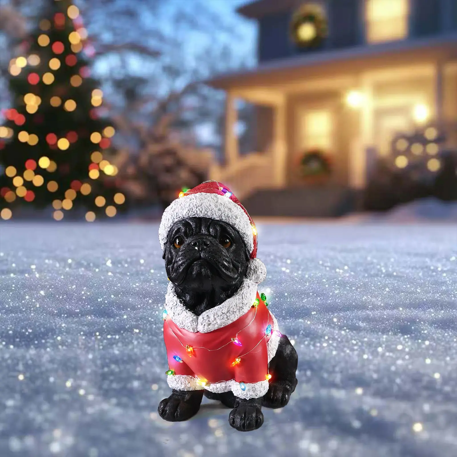 Christmas Pug Figurine in Classic Santa Outfit with Holiday Lights, 16.7 in - Image 11