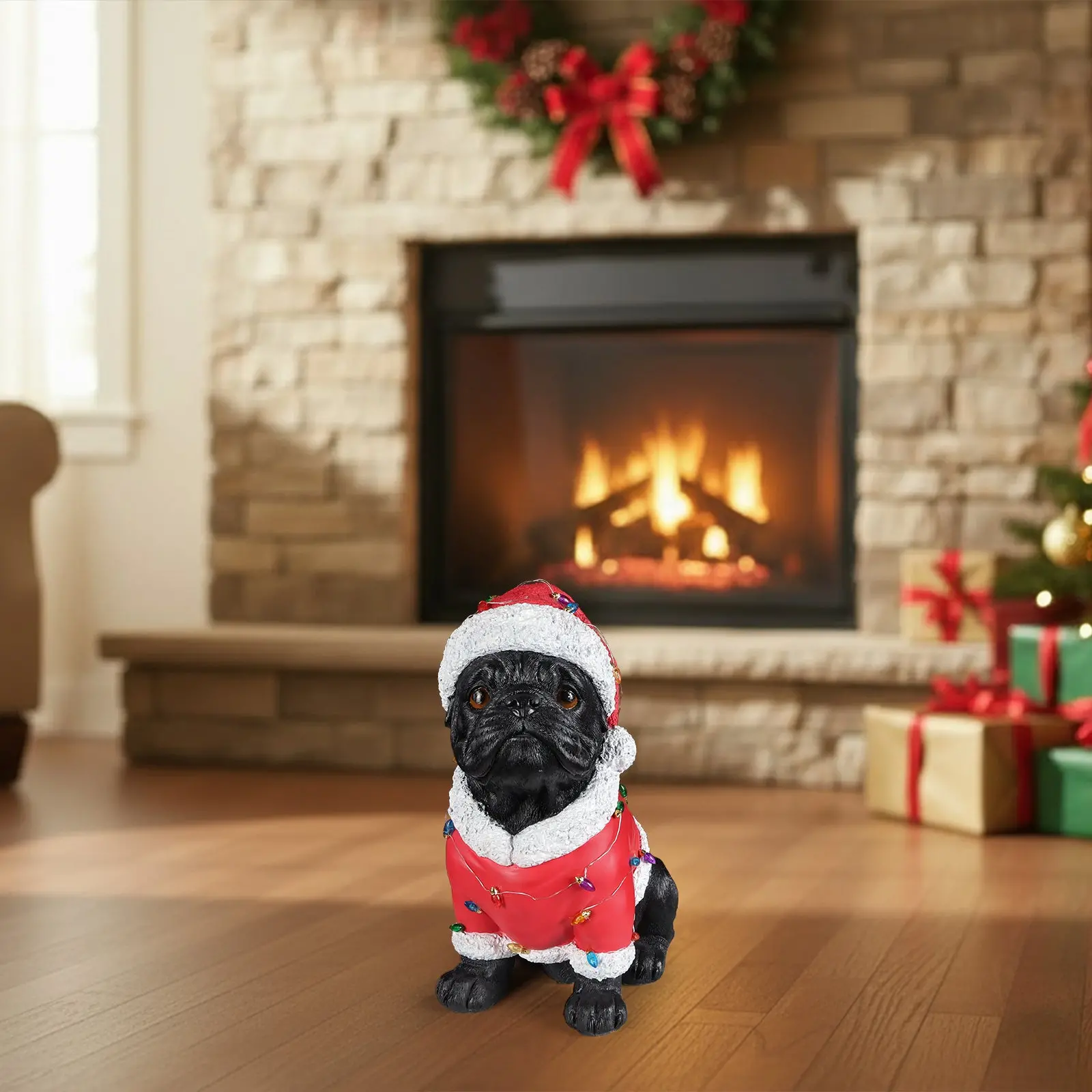Christmas Pug Figurine in Classic Santa Outfit with Holiday Lights, 16.7 in - Image 12