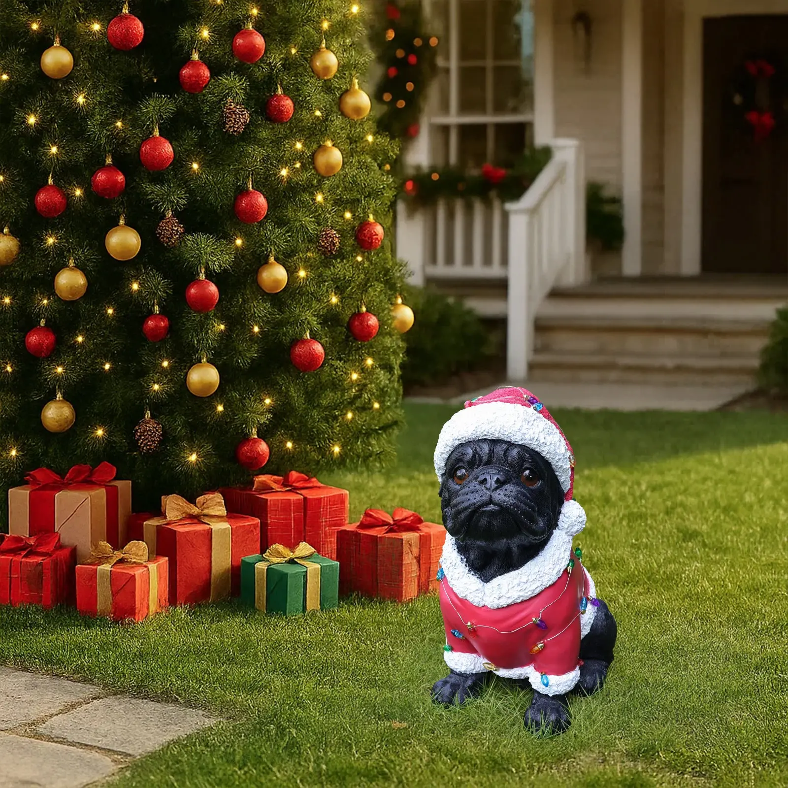 Christmas Pug Figurine in Classic Santa Outfit with Holiday Lights, 16.7 in - Image 13