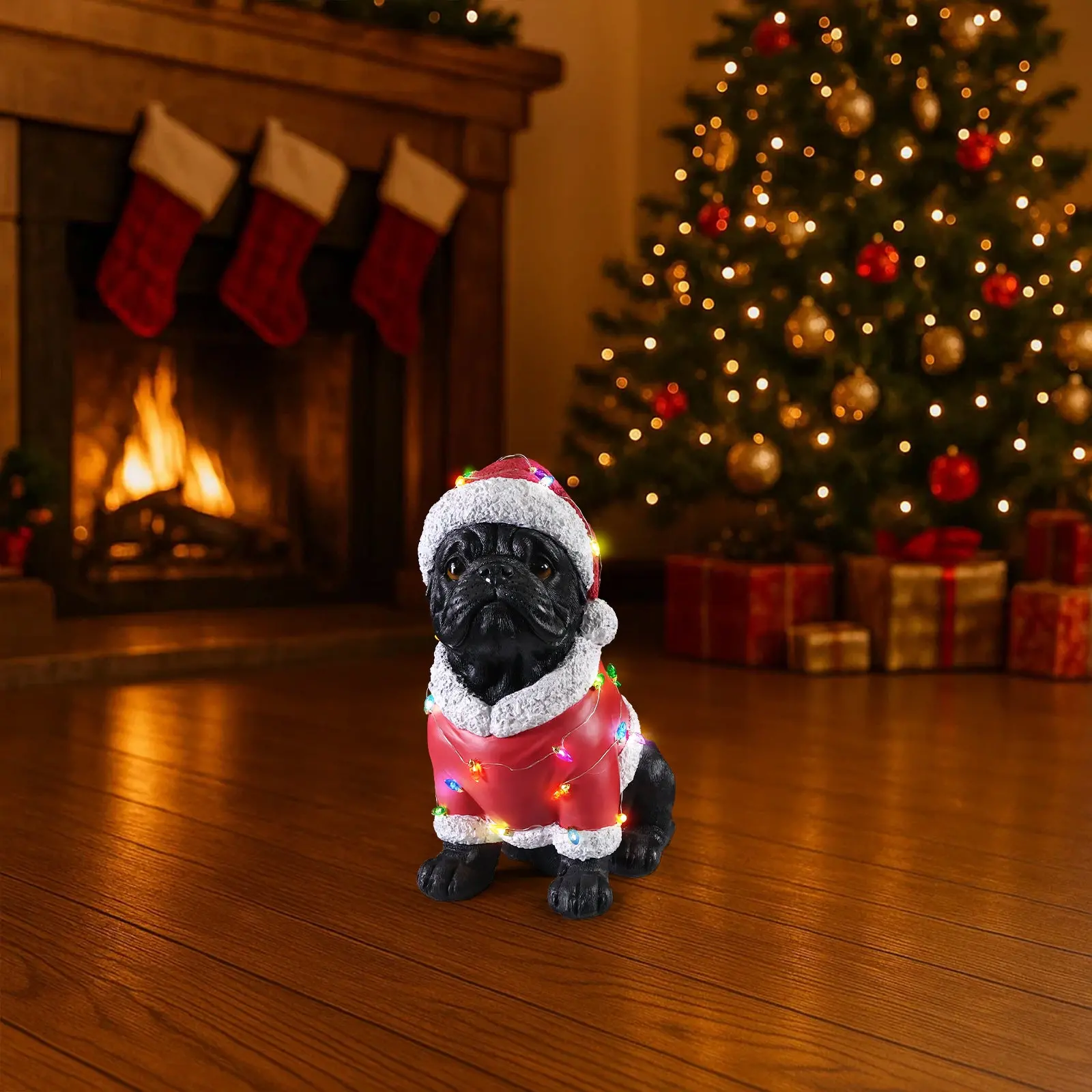 Christmas Pug Figurine in Classic Santa Outfit with Holiday Lights, 16.7 in - Image 14