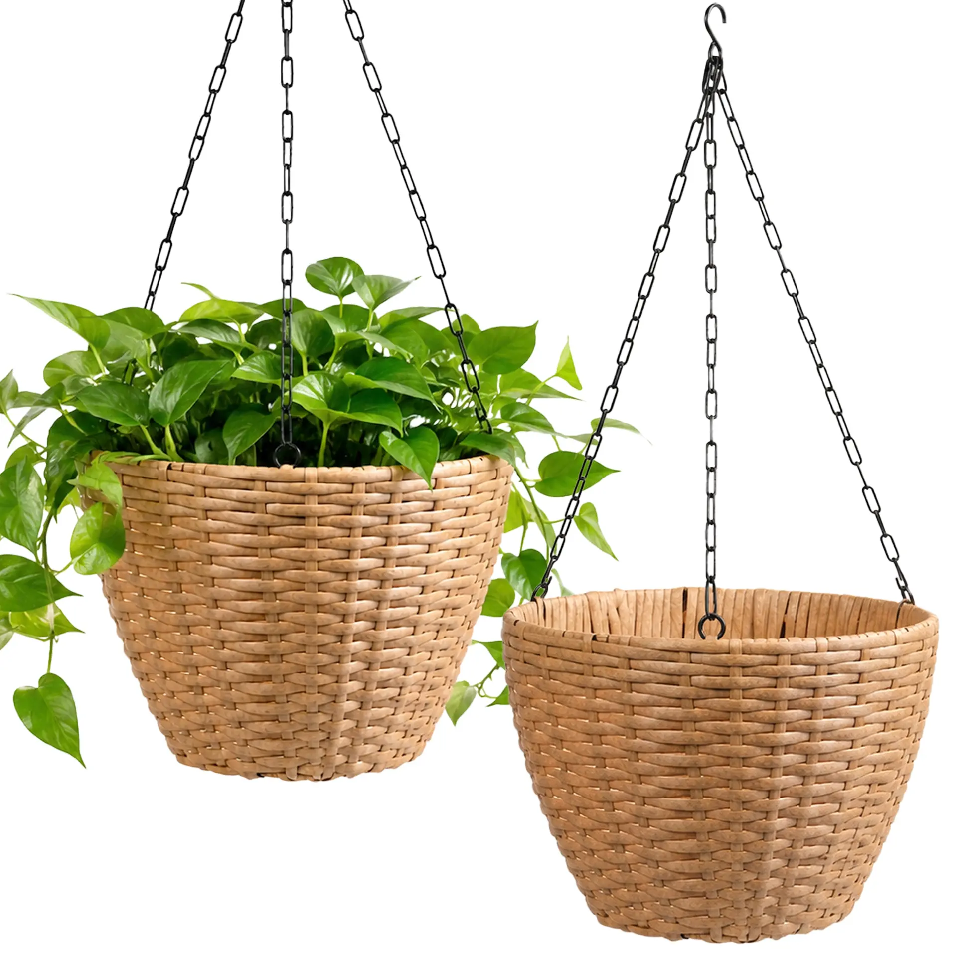 Resin Wicker Hanging Planters with Steel Frames and Liners for Covered Outdoor Use, Set of Two