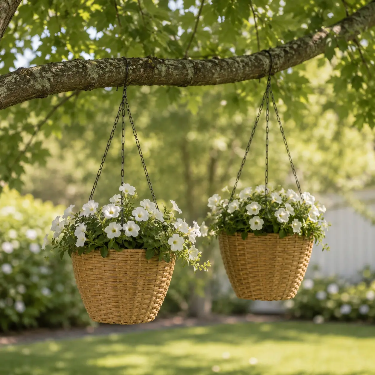 Resin Wicker Hanging Planters with Steel Frames and Liners for Covered Outdoor Use, Set of Two - Image 9