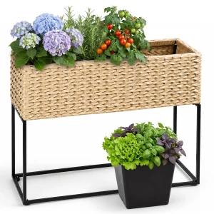 Raised Resin Wicker Planter with Steel Stand and Three Inserts for Covered Outdoor Use