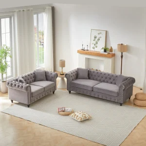 Five-Seat Chesterfield Sofa Set with Three-Seat and Two-Seat Sofas and Four Cushions