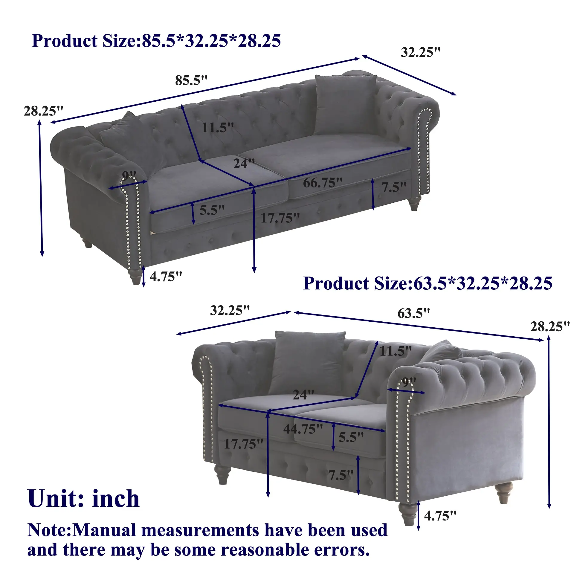 Five-Seat Chesterfield Sofa Set with Three-Seat and Two-Seat Sofas and Four Cushions - Image 2