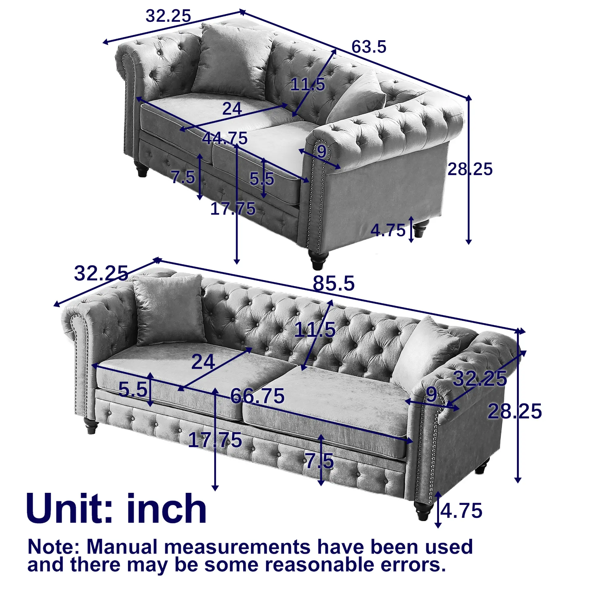 Five-Seat Chesterfield Sofa Set with Three-Seat and Two-Seat Sofas and Four Cushions - Image 13