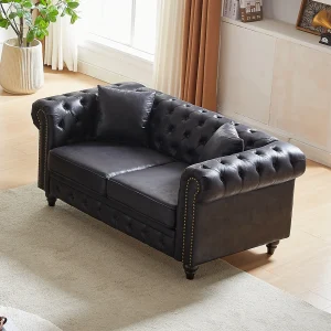 63.5" Tech Fabric Chesterfield Sofa with Button Tufting, Rolled Arms and Two Pillows